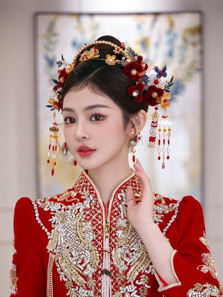 Red Velvet Bridal Hairband with Tassel Hairpin Classical Chinese Wedding Accessories for Xiuhe and Hanfu Updos