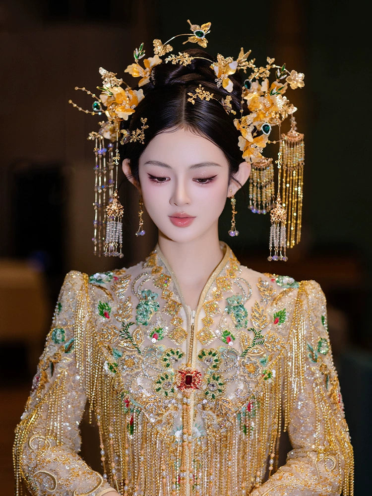 Golden Floral Tassel Bridal Hairpin Elegant Fairy-Inspired Hanfu and Qipao Wedding Hair Accessory