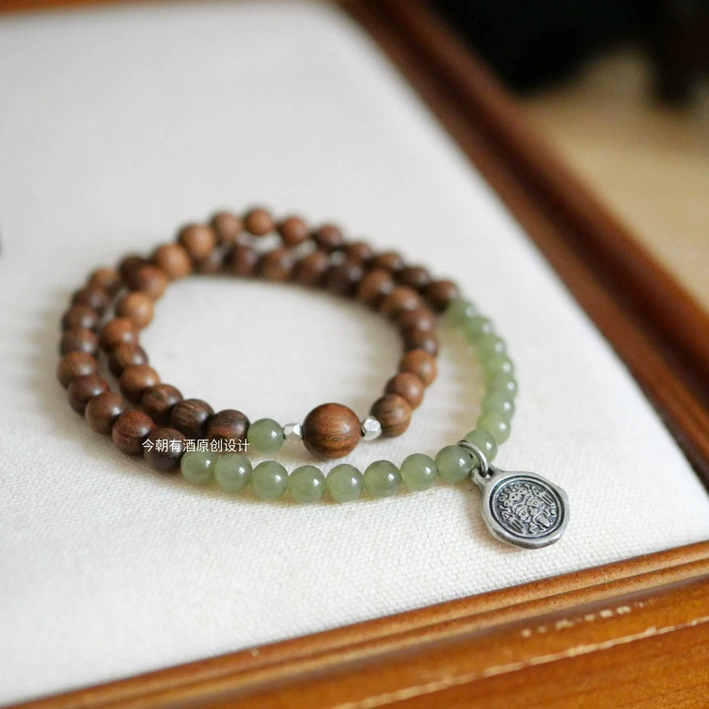 Charming Green Mountains Huanghuali Bracelet Multi-Circle Sterling Silver Buddha Beads with Hetian Jade