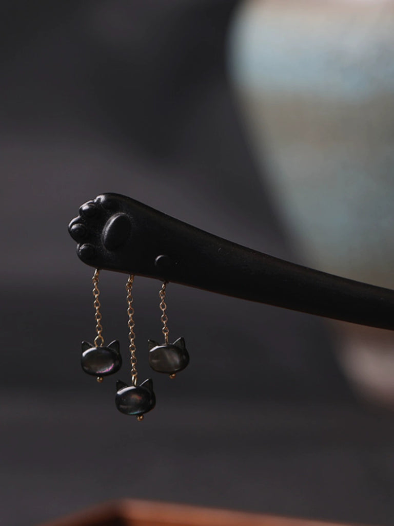 Lucky Cat Paw Cute Mother-of-Pearl Inlay Ebony Hair Stick