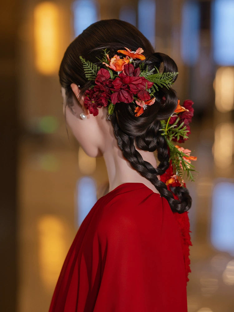 Handmade Red Floral Bridal Hair Clips Retro Chinese Wedding Hair Accessories for Qipao and Cheongsam Dress