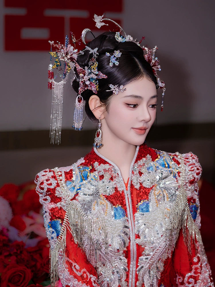 Silver Butterfly and Red Flower Bridal Hairpin Traditional Chinese Wedding Hair Accessories