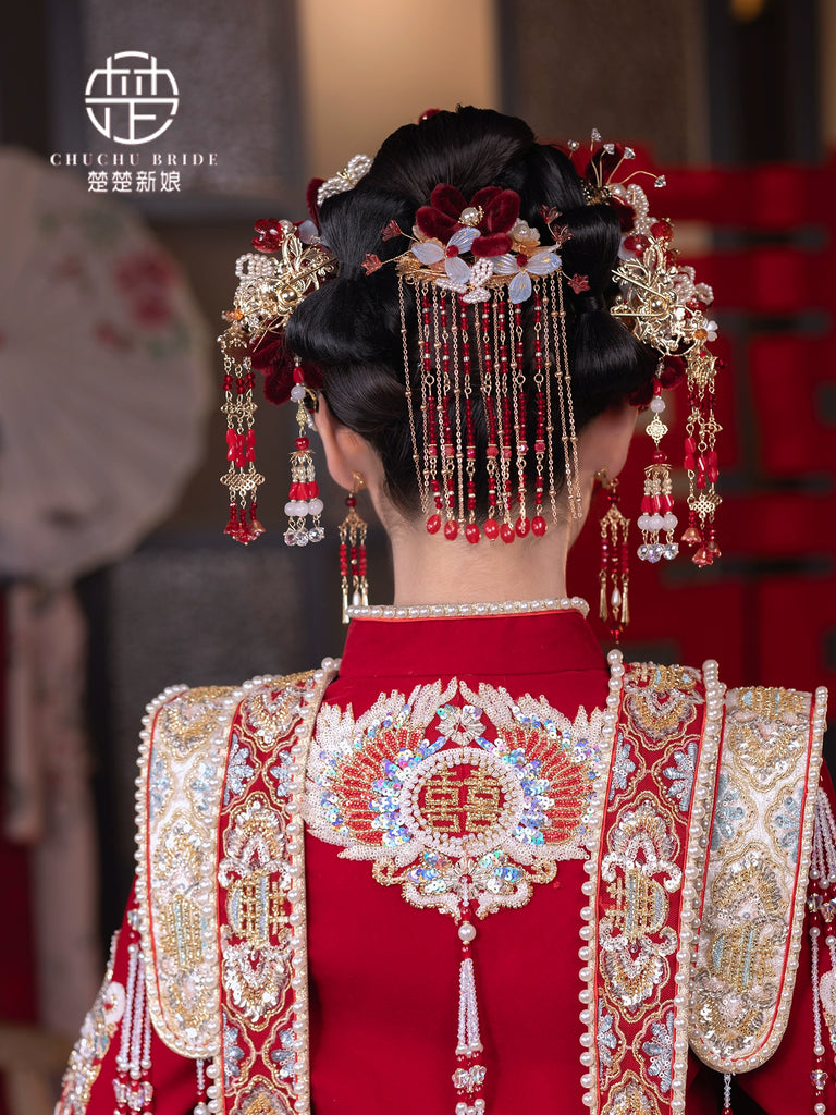 Pearl Halo - Classic Hanfu Bridal Crown with Red Velvet Flowers & Tassel Hairpin Wedding Headpiece