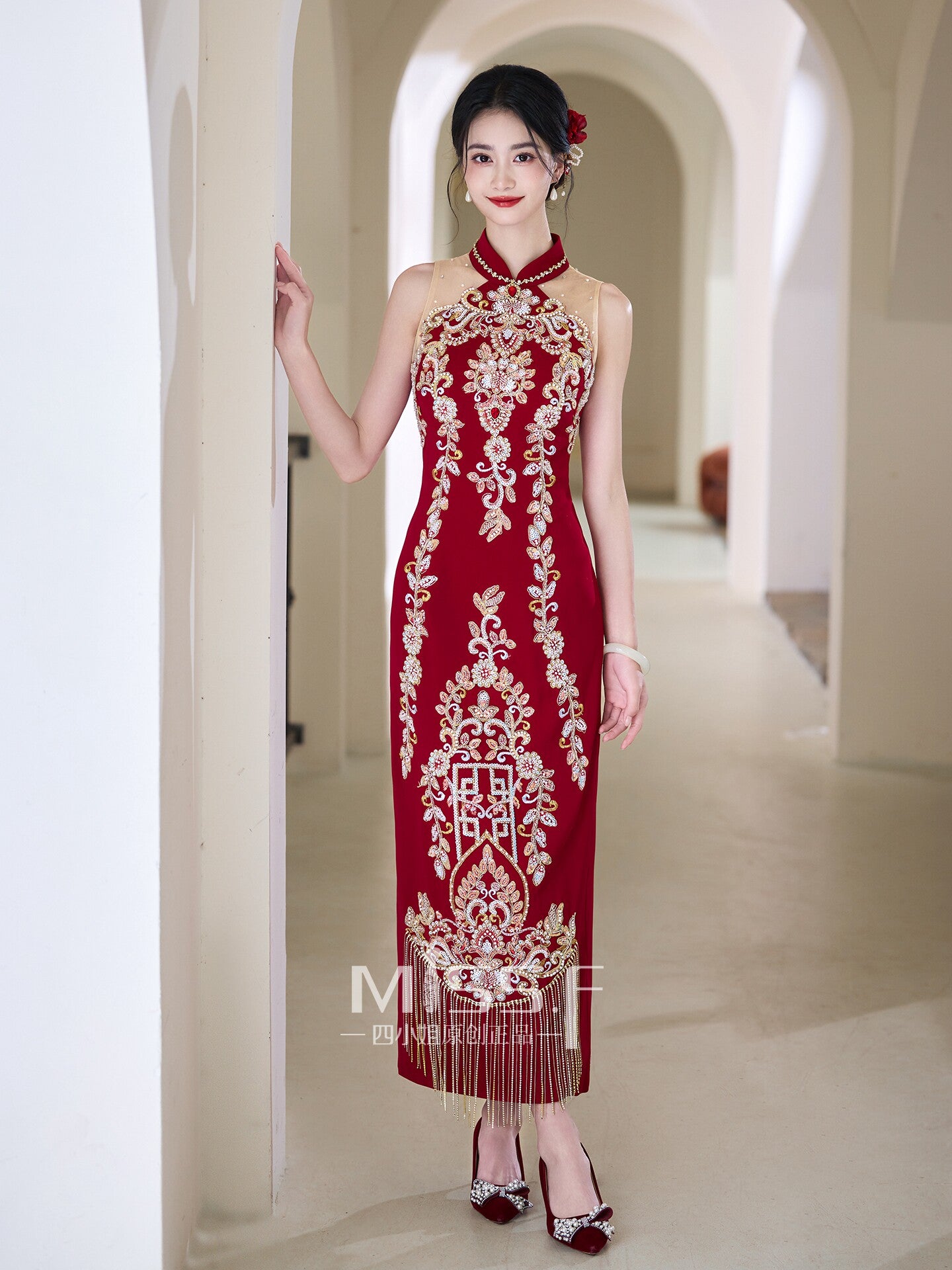 old fashioned chinese dresses Trumpet Sleeve Floral Silk Full Length Retro Old Shanghai-style Cheongsam Chinese Dress Grey / S