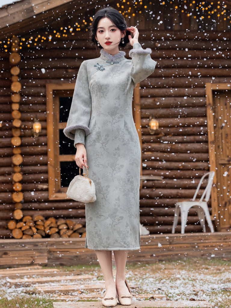 Long Sleeve Fur Trim Midi Qipao | Stardust  Hanfu Story