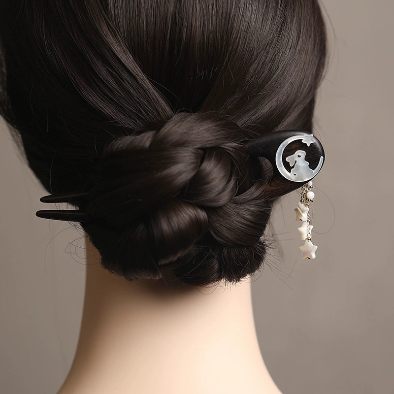 Moon Palace Jade Rabbit Vintage U-Shaped Ebony Hair Stick for Hanfu