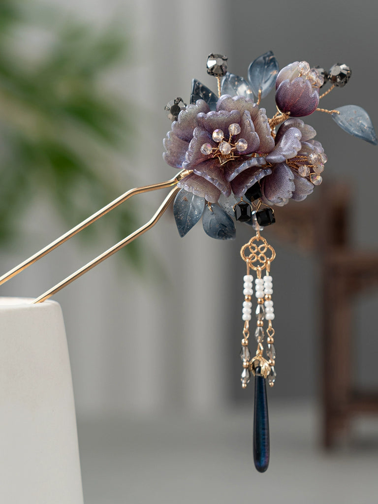 Ink Cloud Dark Purple Floral Hanfu Hair Accessories Set