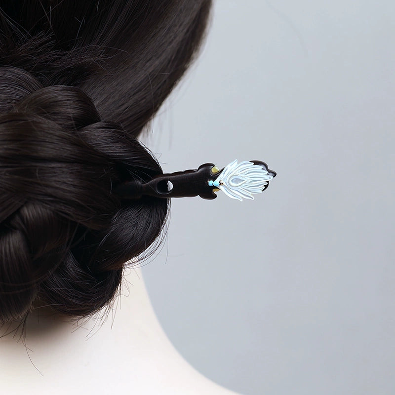 Phoenix Feather Natural White Mother-of-Pearl Ebony Hair Stick