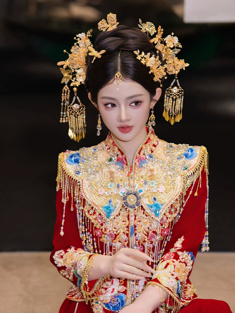 Champagne Bridal Hair Accessories Elegant Chinese Wedding Headpiece with Tassels and Forehead Pendant for Xiuhe and Hanfu