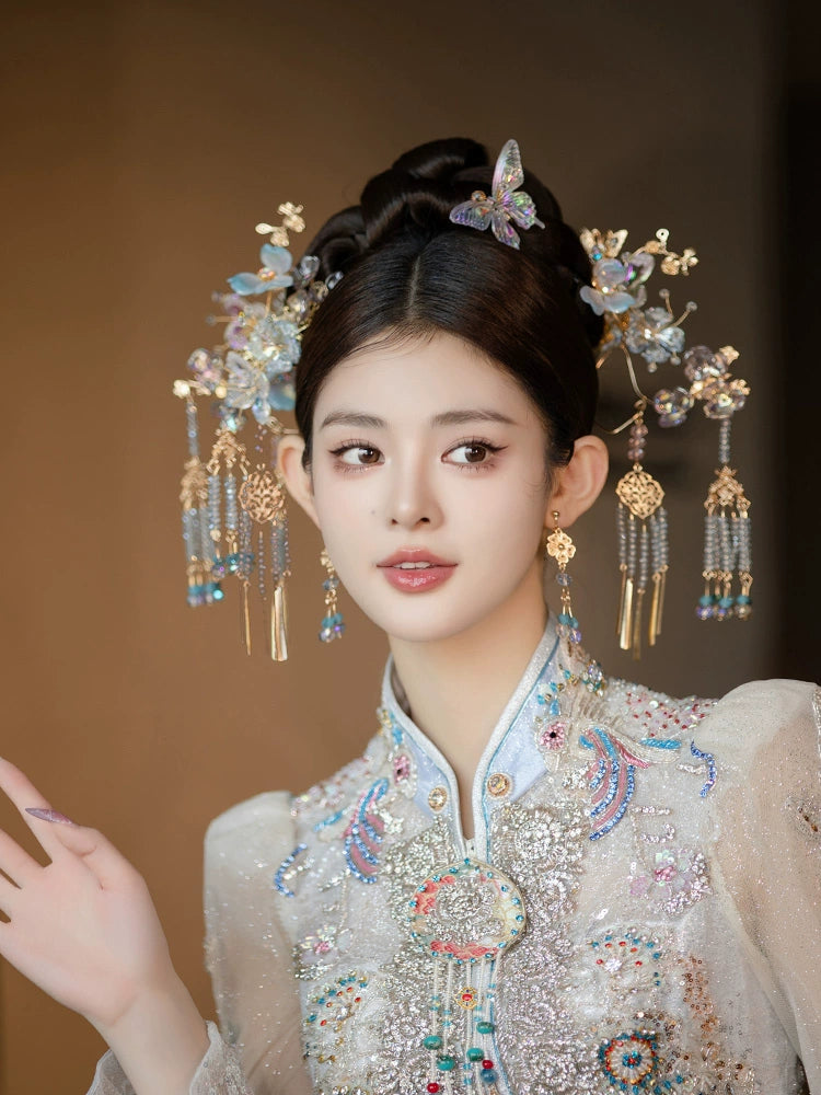 Blue Butterfly Bridal Hairpin Glass Flower Tassel Chinese Wedding Hair Accessories for Xiuhe Dress
