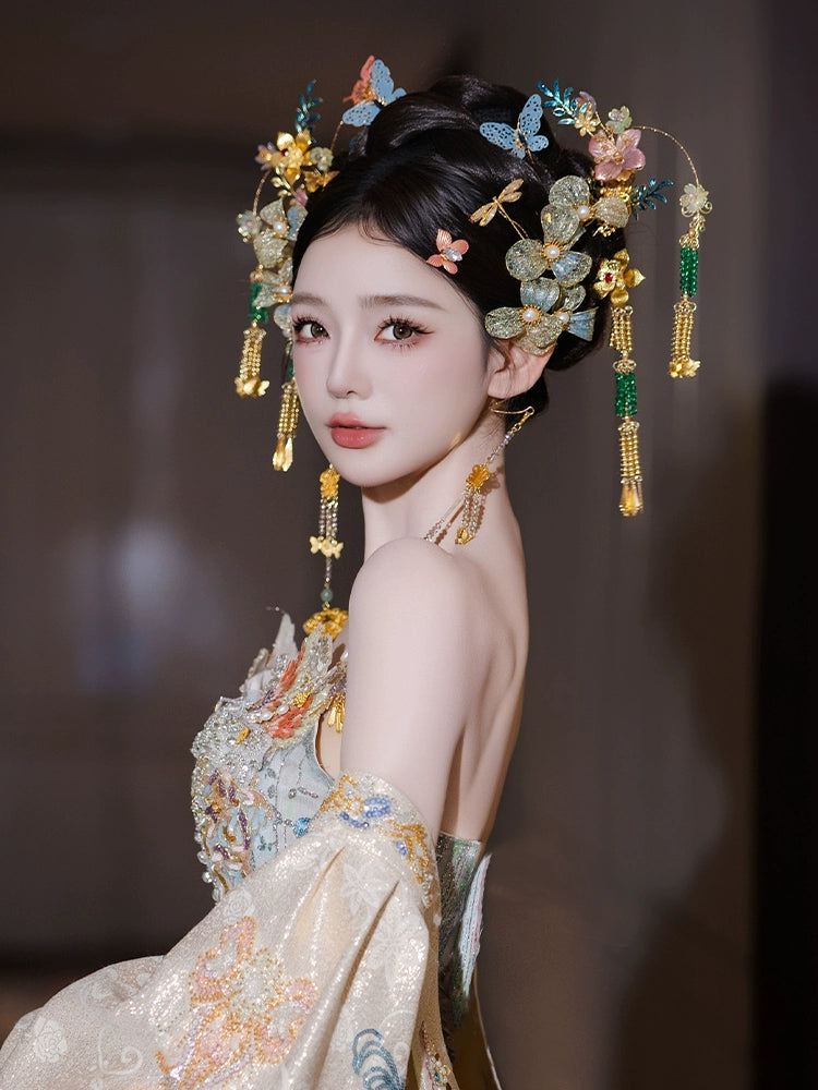 Light Blue Butterfly Bridal Hairpin Crystal Tassel Chinese Wedding Headpiece