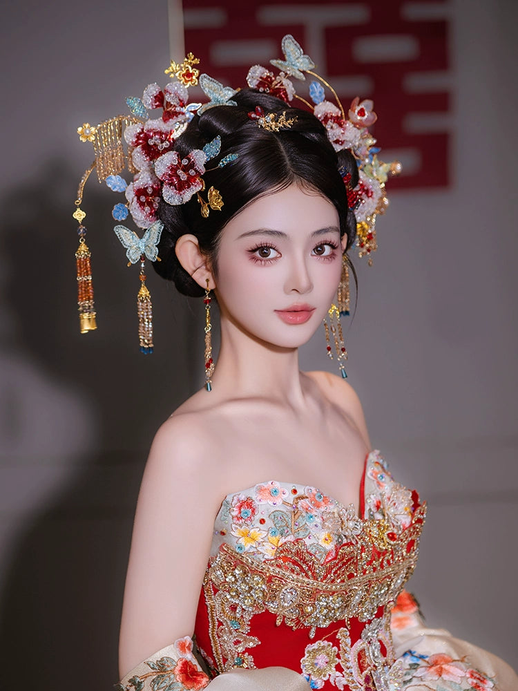 Gradient Floral Bridal Hair Accessories Light Butterfly Headpiece for Chinese Wedding