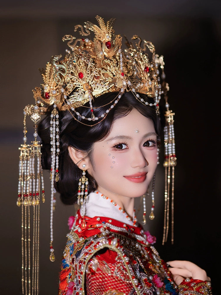 Luxury Gold Phoenix Crown Bridal Headpiece Pearl Tassel Chinese Wedding Hair Accessories for Hanfu and Xiuhe Dress