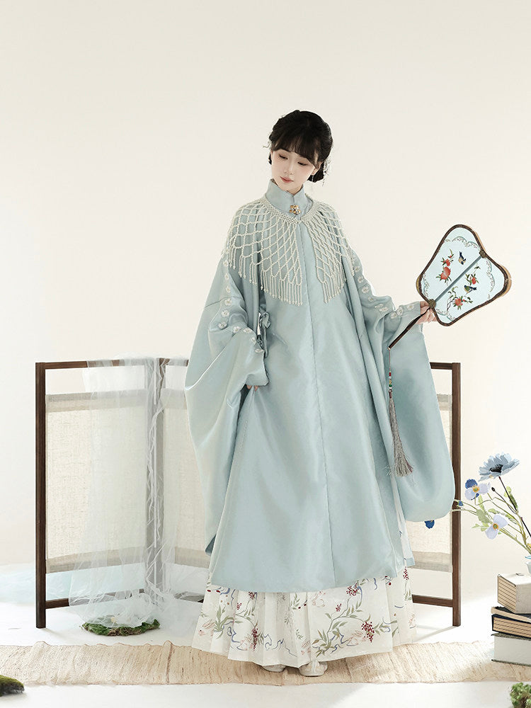 Ming Dynasty Pastel Mint Garden Print Robe & Mamianqun | Late Autumn 晚秋