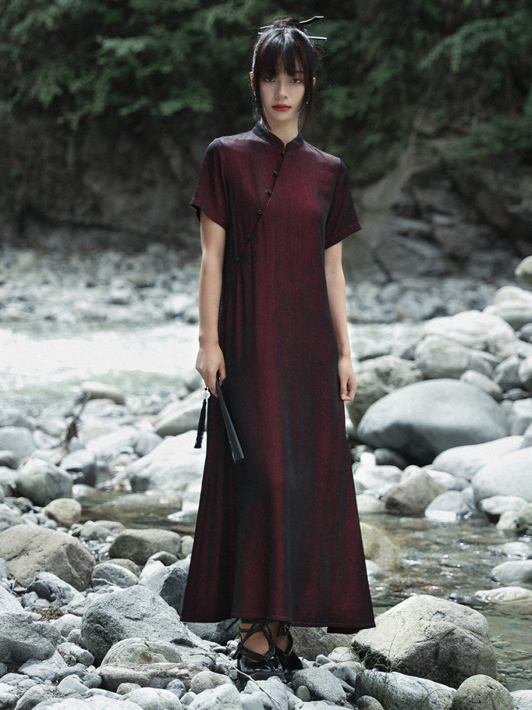 New Chinese Style Burgundy Cheongsam Dress