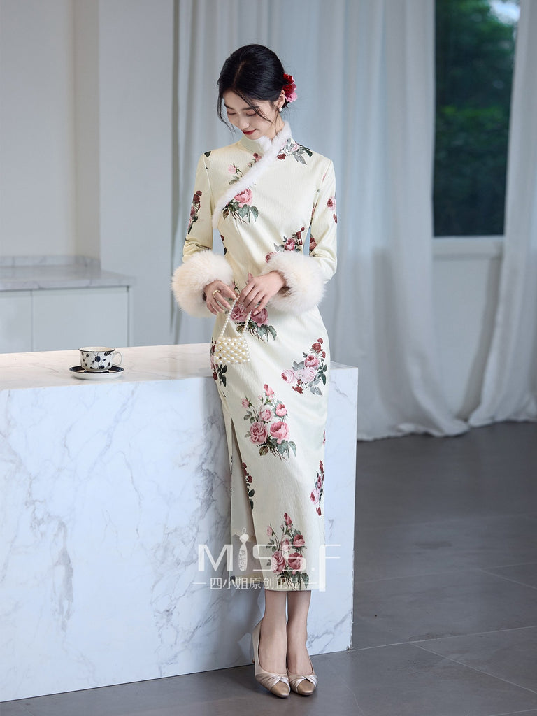 Long Sleeve Fur Trim Long Qipao