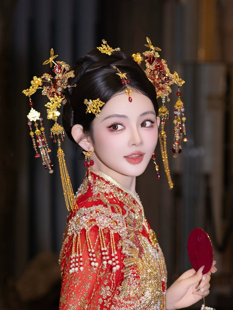 Golden Phoenix Bridal Hairpin with Forehead Pendant Chinese Wedding Headpiece