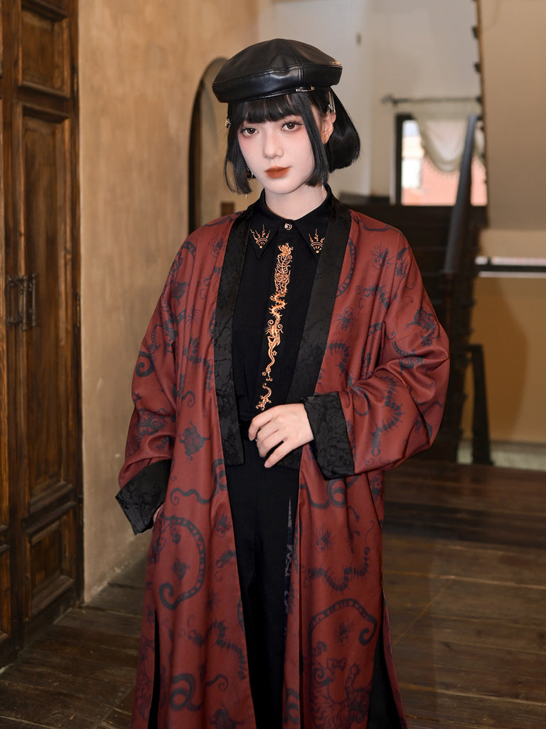 New Chinese Style Black and Red Print Antique Long Coat - Five Poisons ...