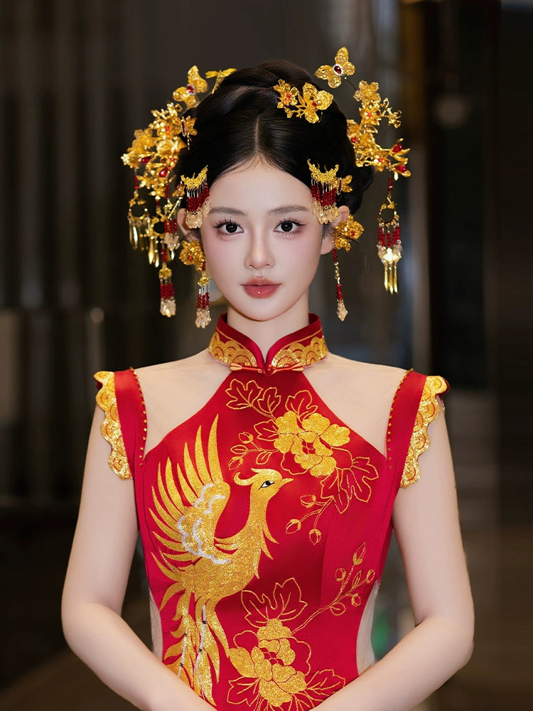 Red and Gold Floral Bridal Hair Accessories Handmade Butterfly and Dragonfly Hairpins for Chinese Wedding Xiuhe Dress