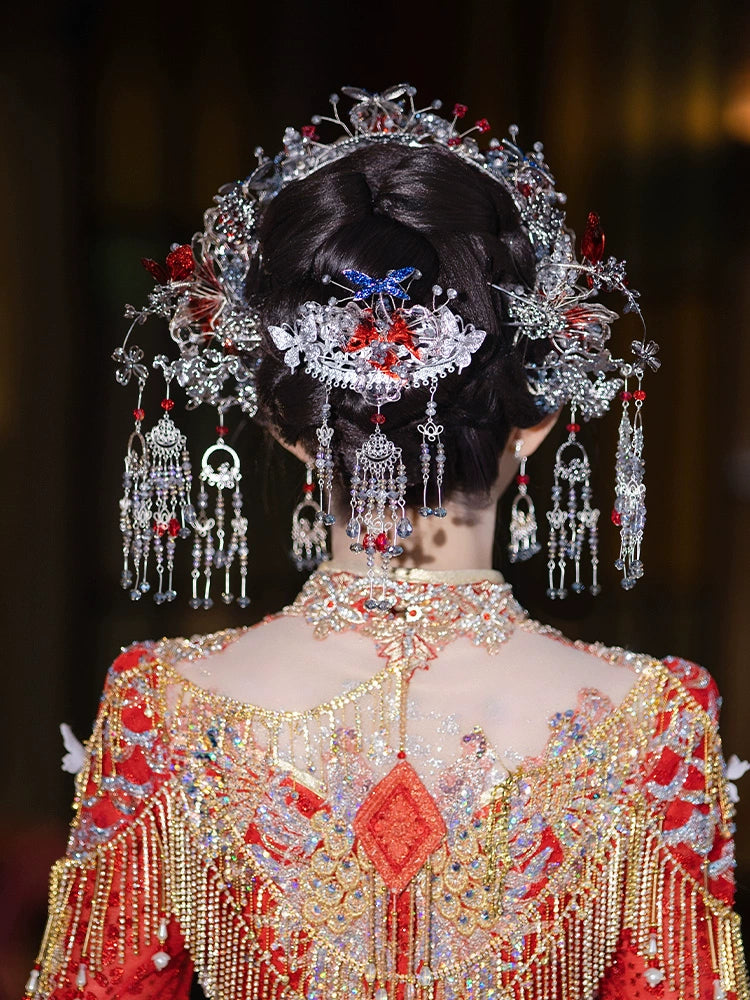 Silver Blue Forehead Pendant Bridal Hair Accessories Noble Chinese Wedding Headpiece for Hanfu