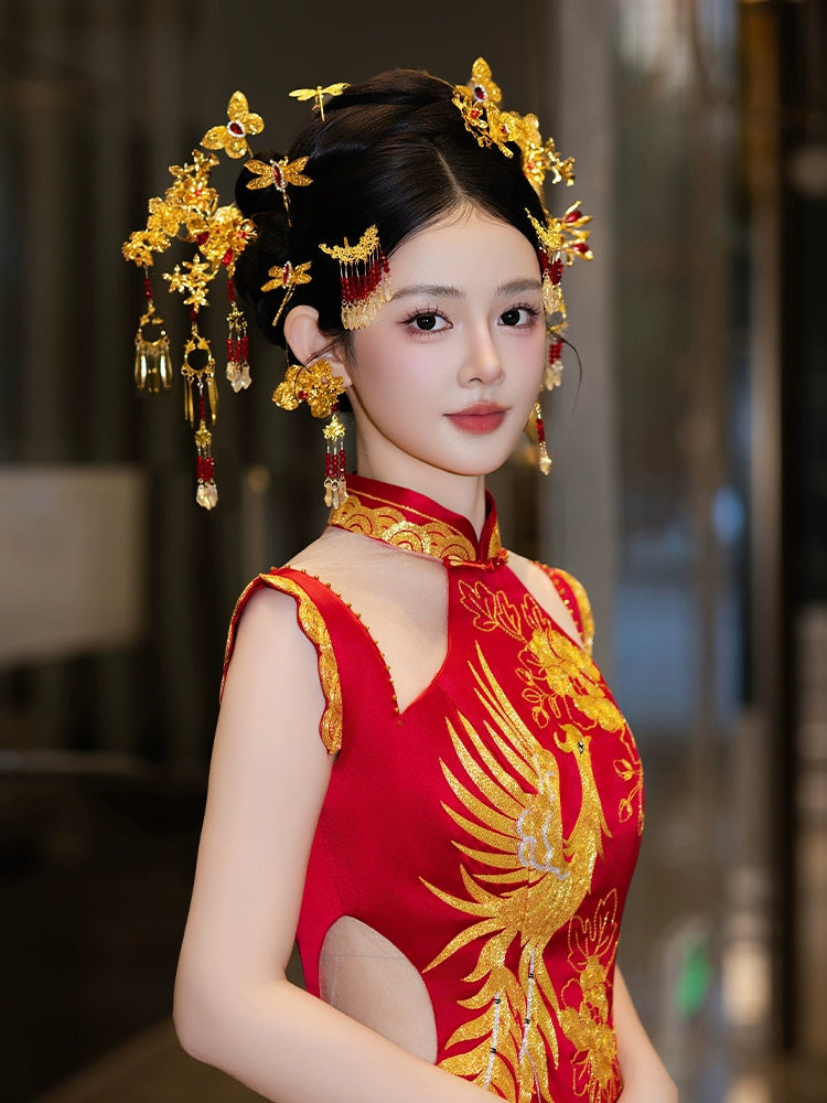 Red and Gold Floral Bridal Hair Accessories Handmade Butterfly and Dragonfly Hairpins for Chinese Wedding Xiuhe Dress