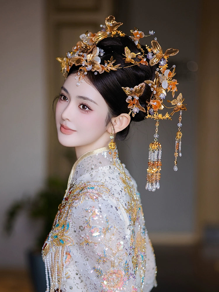 Champagne Floral Tassel Bridal Hairpin Elegant Glass Chinese Wedding Hair Accessories