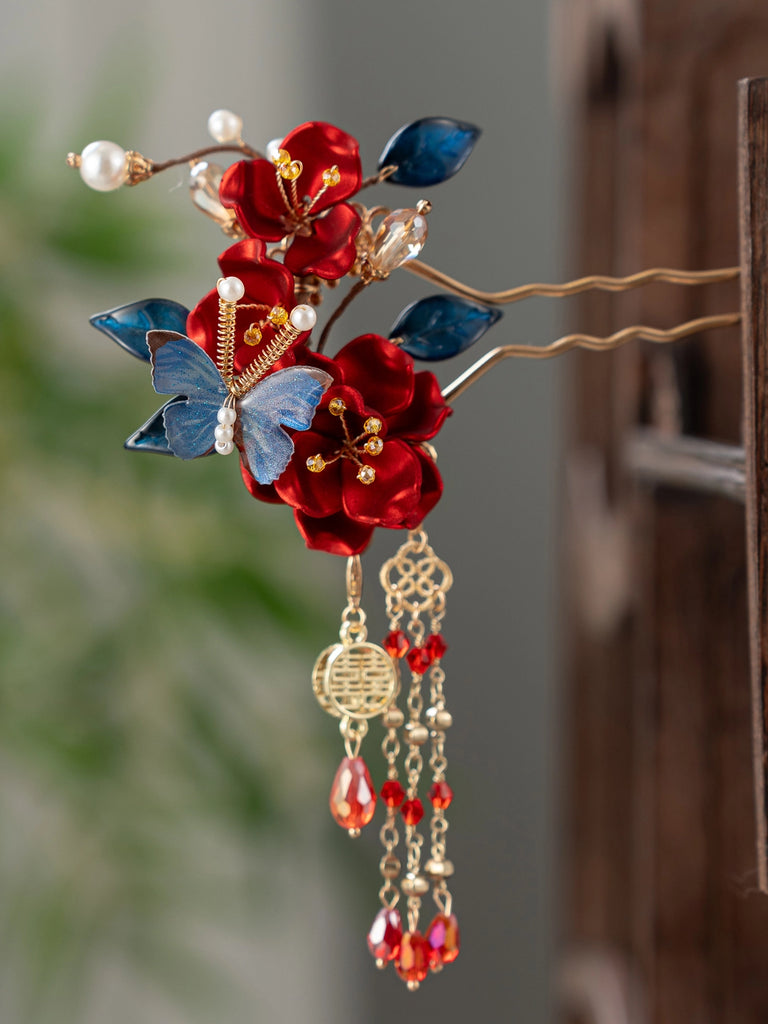 Xiuhe Bridal Hair Accessories - Red Flowers & Blue Leaves Hanfu Wedding Hairpin Set