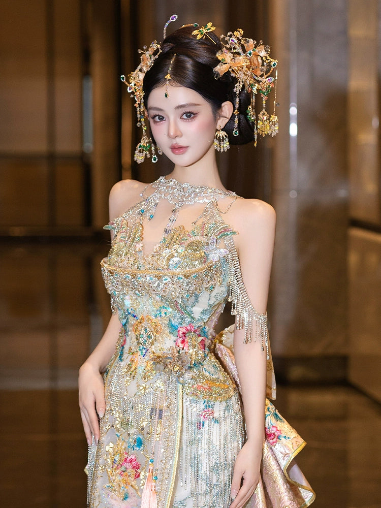 Champagne Bridal Hair Accessories Exquisite Forehead Pendant Headpiece for Chinese Wedding Xiuhe and Hanfu Bride