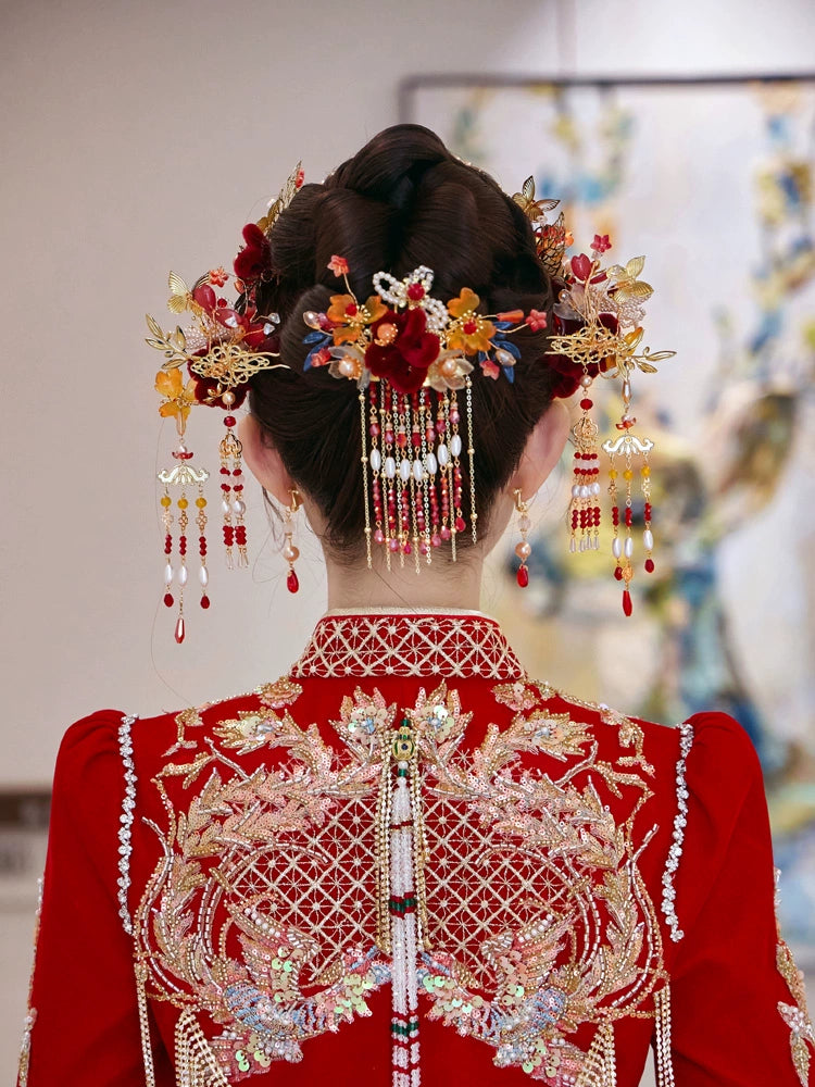 Red Velvet Bridal Hairband with Tassel Hairpin Classical Chinese Wedding Accessories for Xiuhe and Hanfu Updos