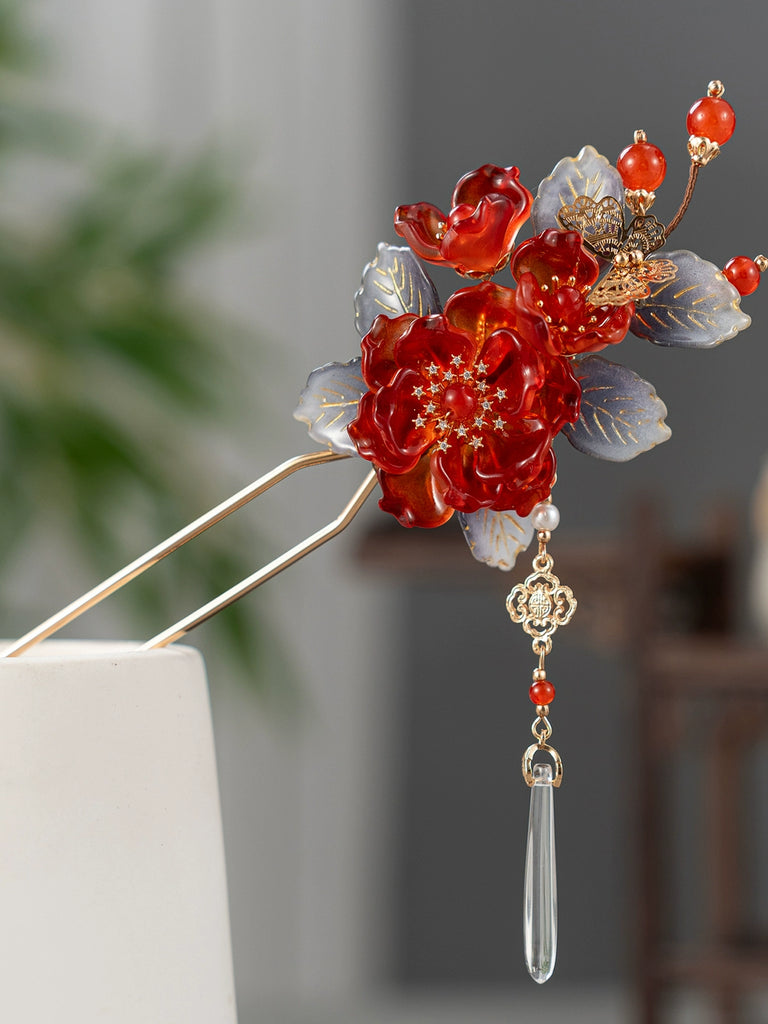 Festive Red Blossom Hair Accessories Hanfu Hairpin & Tassel Set for Traditional Hairstyles