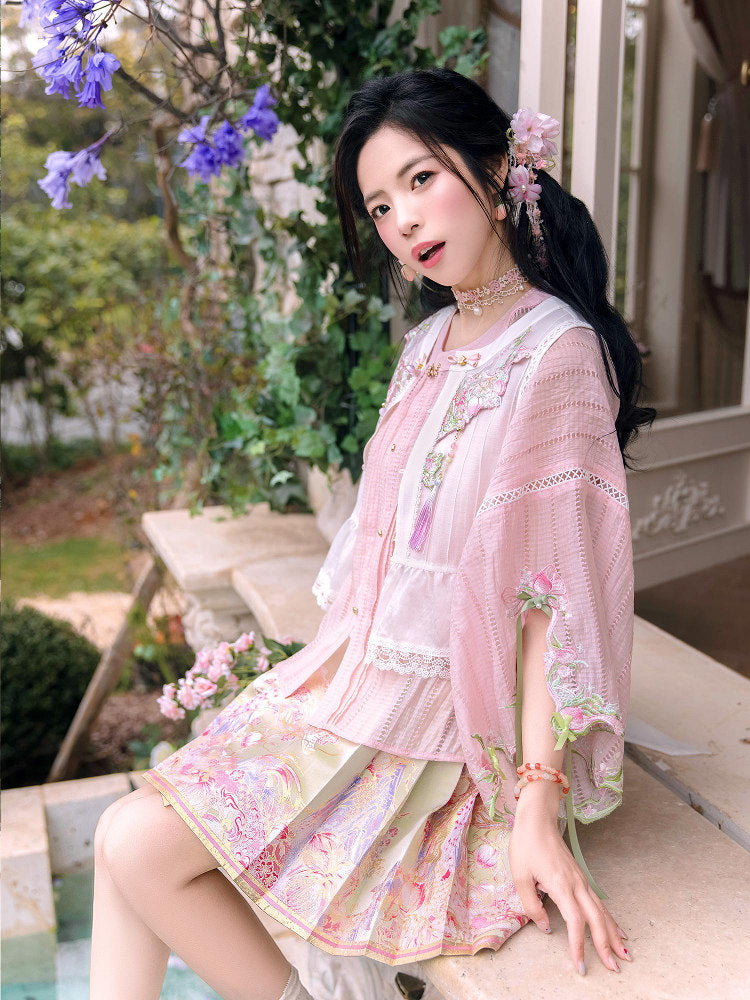Ming Dynasty Modern Hanfu Half Sleeve Top and Mini Mamianqun - Peach F ...