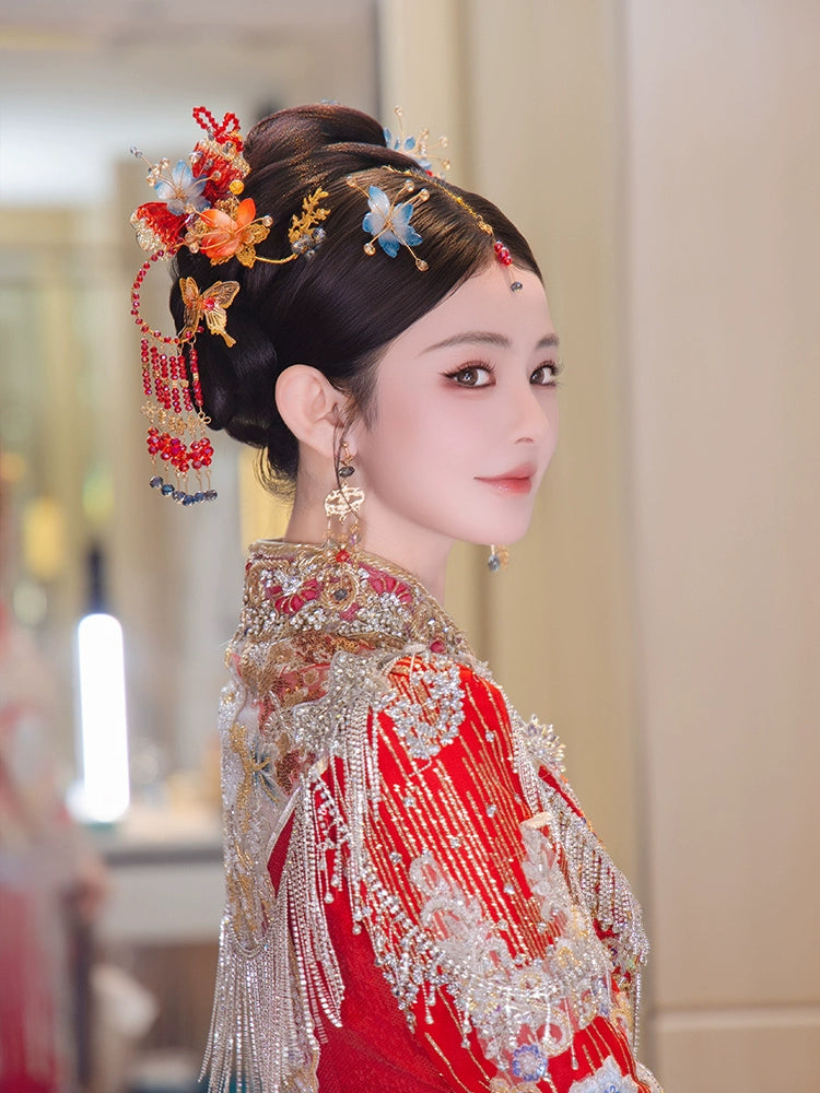 Red Floral Tassel Bridal Hair Accessories Traditional Chinese Wedding Hairpins