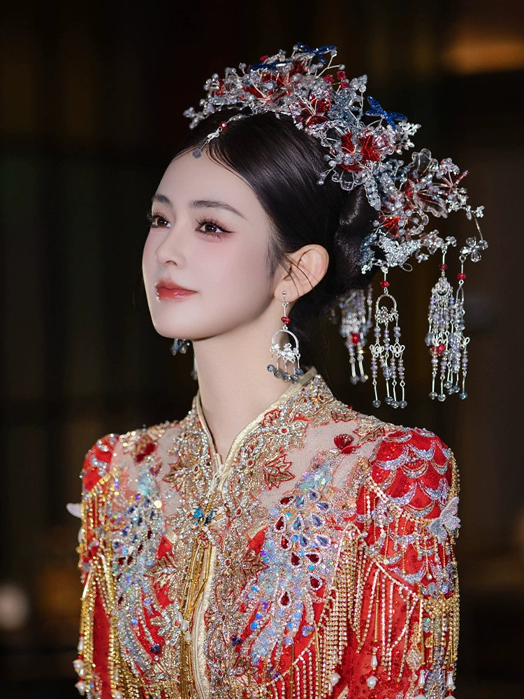 Silver Blue Forehead Pendant Bridal Hair Accessories Noble Chinese Wedding Headpiece for Hanfu