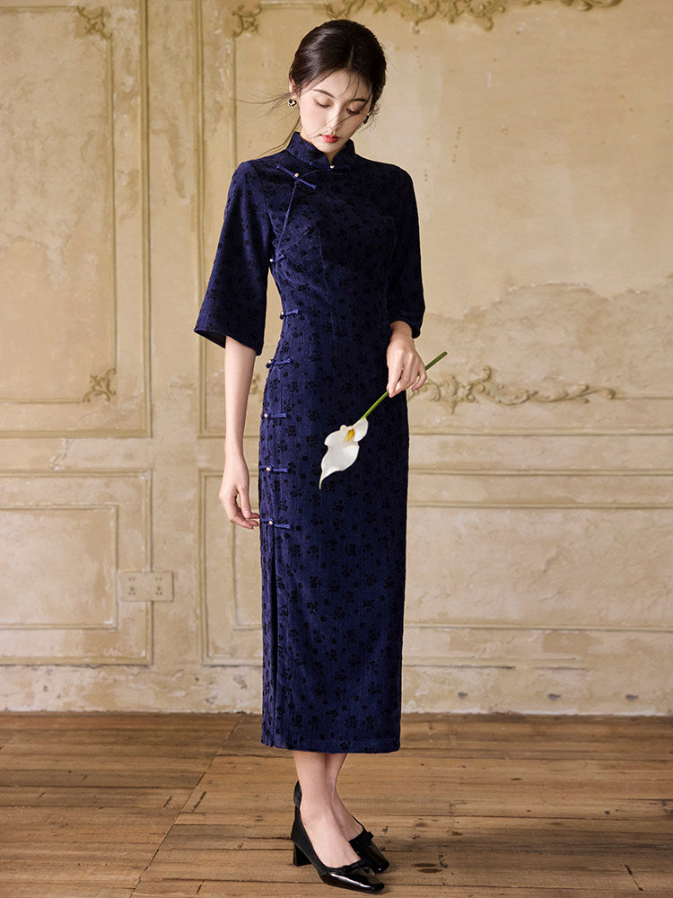 Mid Sleeve Long Cheongsam | Denim – Hanfu Story
