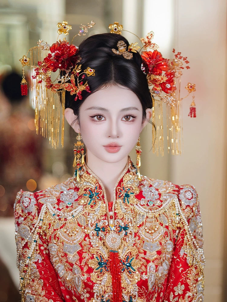 Luxury Gold Tassel Bridal Hairpin Elegant Floral Chinese Wedding Headpiece