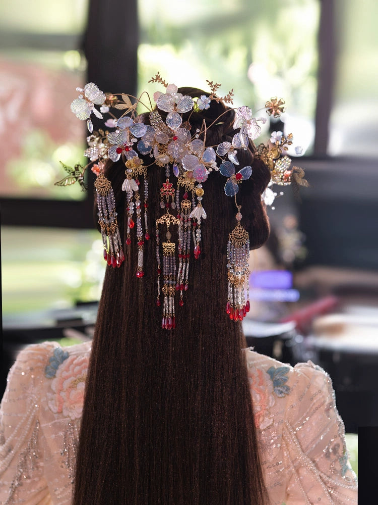 Light Floral Bridal Hairpin Tassel Chinese Wedding Headpiece for Hanfu and Xiuhe Bride
