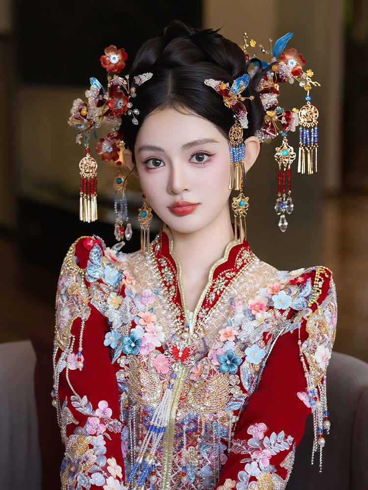 Unique Red and Blue Bridal Hair Accessories Chinese Wedding Headpiece for Hanfu and Xiuhe Dress
