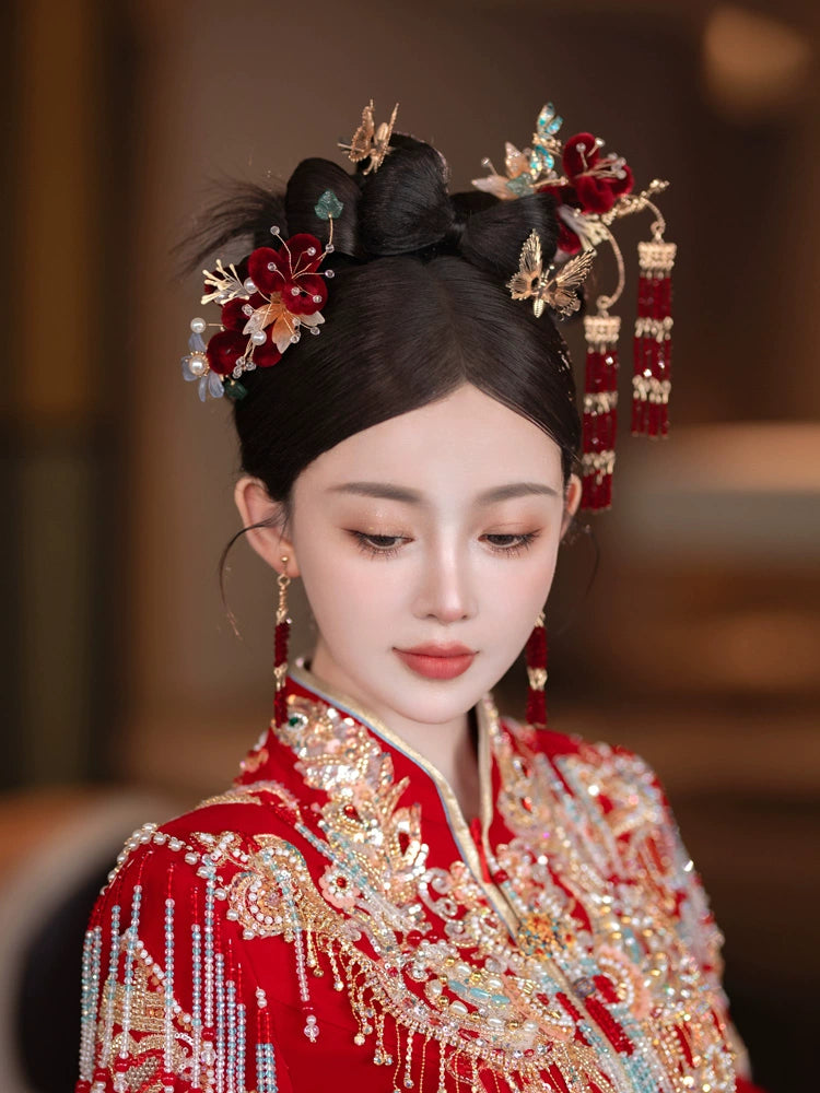 Red Velvet Butterfly Bridal Hairpin Tassel Chinese Wedding Headpiece for Xiuhe Dress