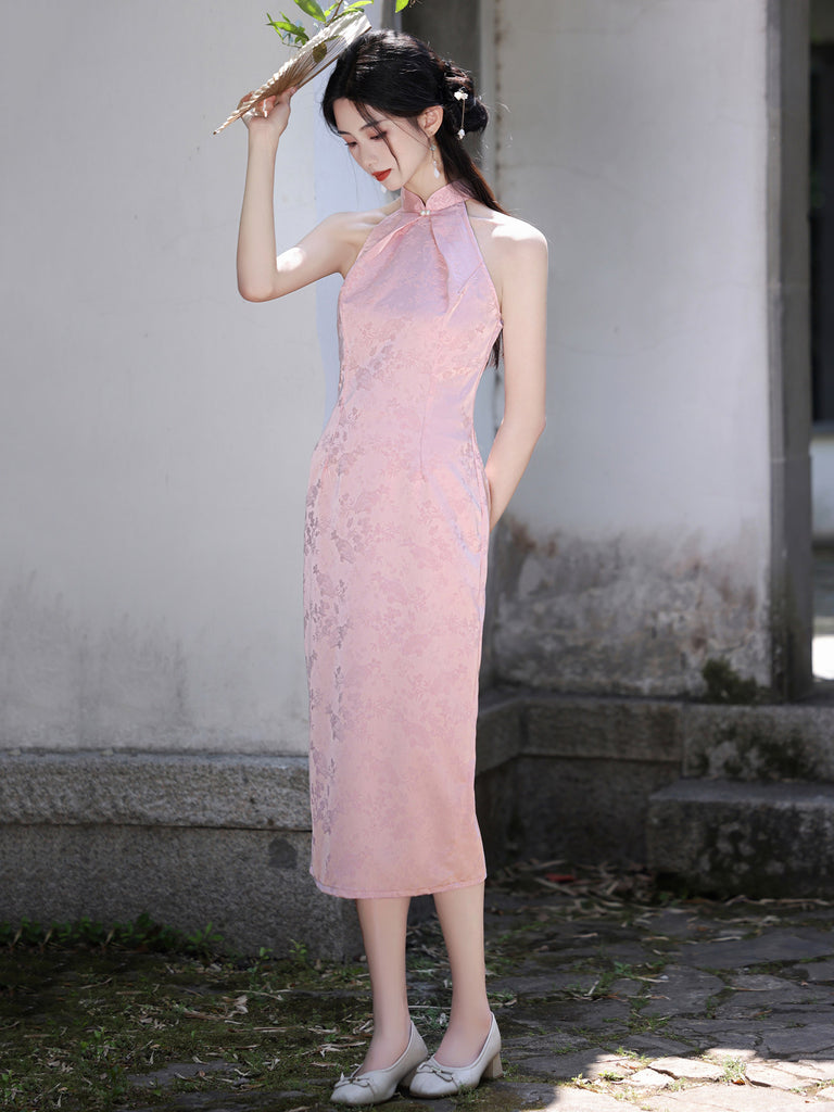 chinese halter dress Halter Top Floral Brocade Mini Cheongsam Chic Chinese Dress Blue / M