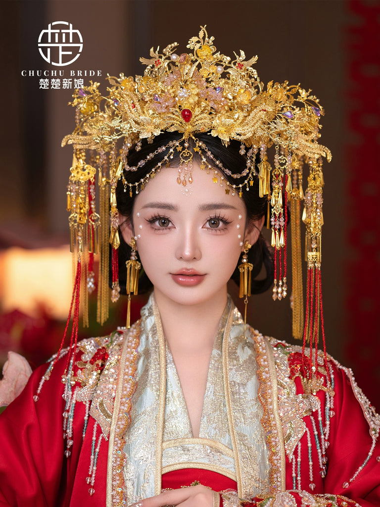 Blush Phoenix Glow - Red Gold Hanfu Bridal Phoenix Crown with Forehead Tassel for Wedding Look