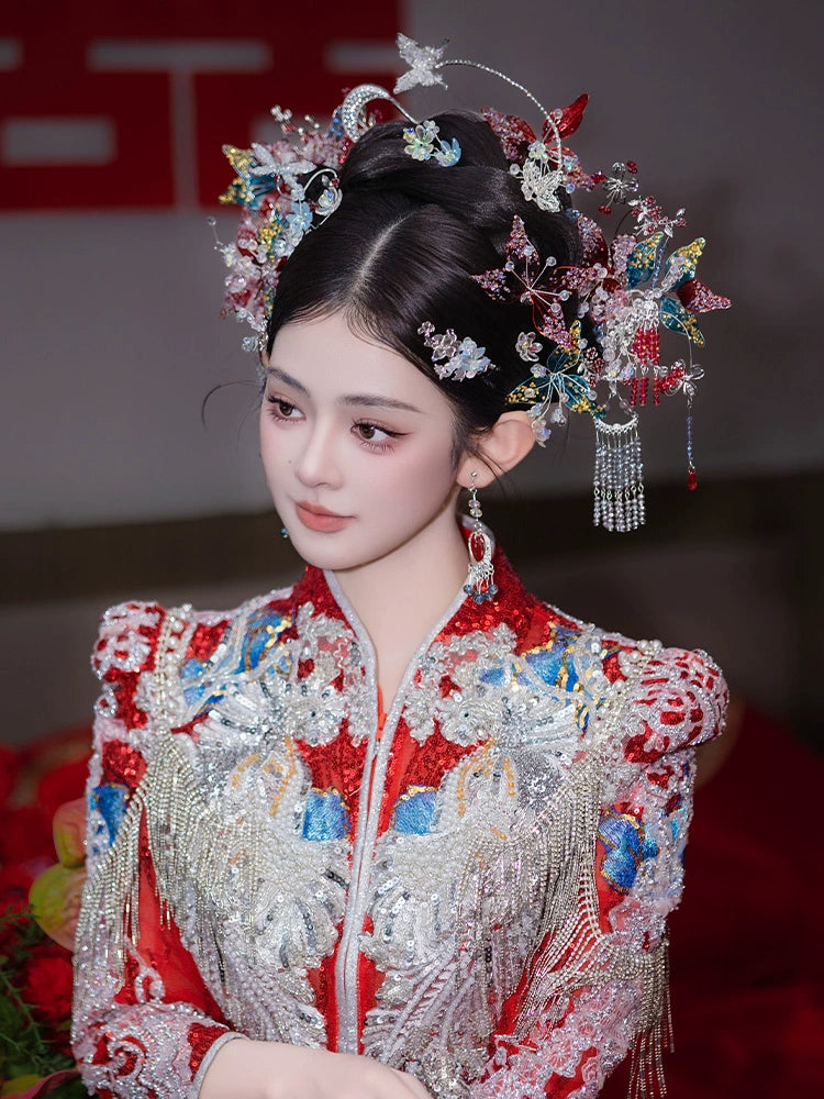 Silver Butterfly and Red Flower Bridal Hairpin Traditional Chinese Wedding Hair Accessories