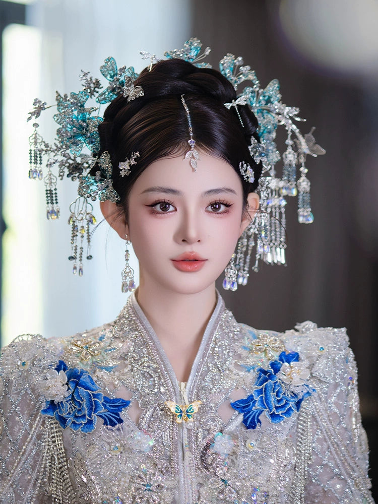 Blue Floral Tassel Bridal Hairpin New Chinese Wedding Hair Accessories for Xiuhe, Hanfu, and Cheongsam Bride