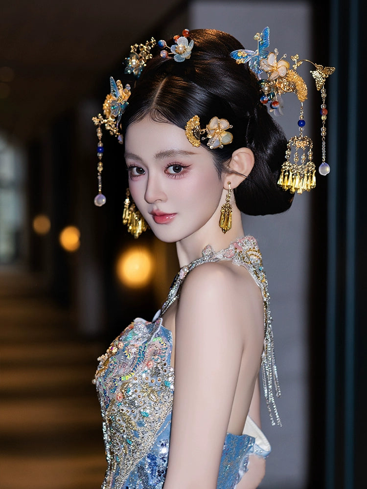 Dreamy Blue Butterfly Bridal Headpiece Chinese Wedding Hair Accessories for Xiuhe and Qun Kwa Bride