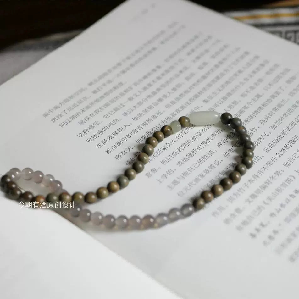 Turning Snow in Search of Spring Green Sandalwood Bracelet Buddha Beads & Hetian Jade