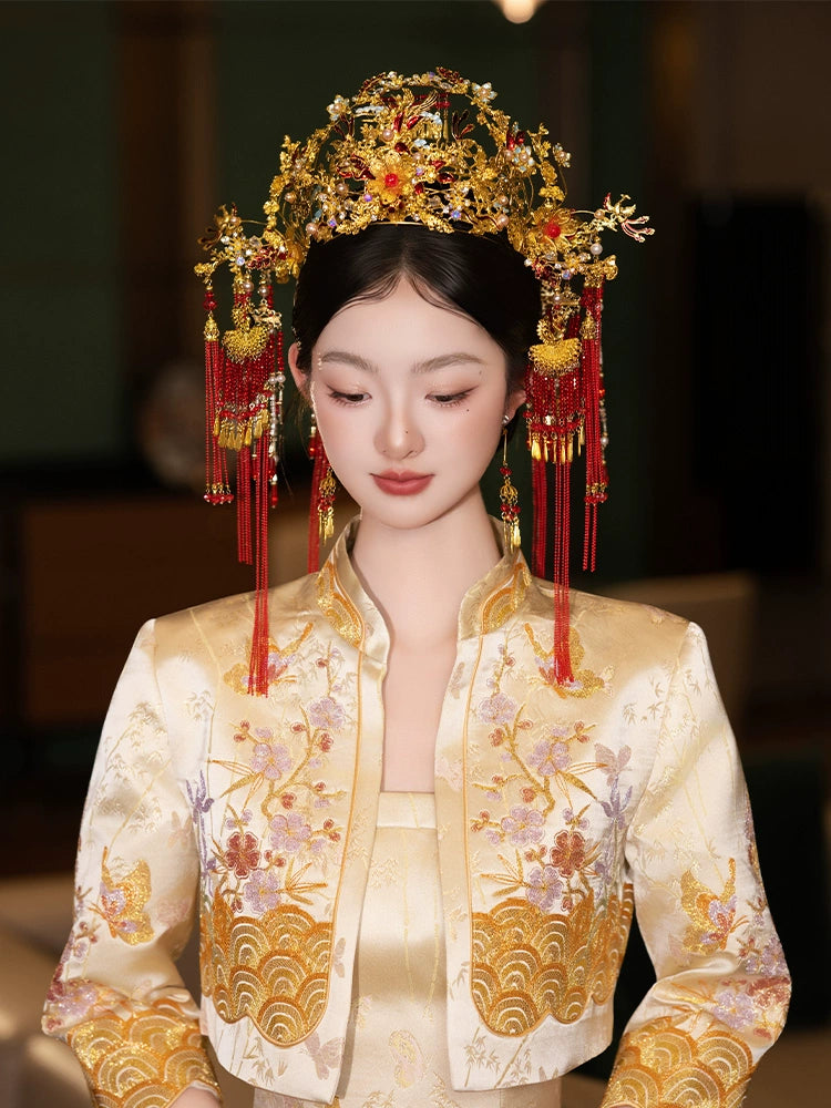 Luxury Phoenix Crown Bridal Headpiece Red Tassel and Gold Flower Chinese Wedding Hair Accessories for Xiuhe Dress