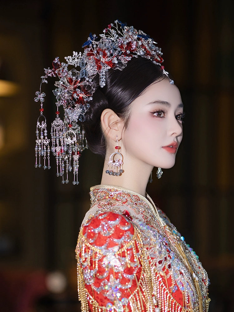 Silver Blue Forehead Pendant Bridal Hair Accessories Noble Chinese Wedding Headpiece for Hanfu