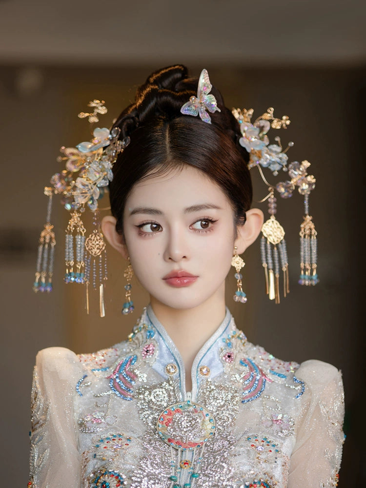 Blue Butterfly Bridal Hairpin Glass Flower Tassel Chinese Wedding Hair Accessories for Xiuhe Dress