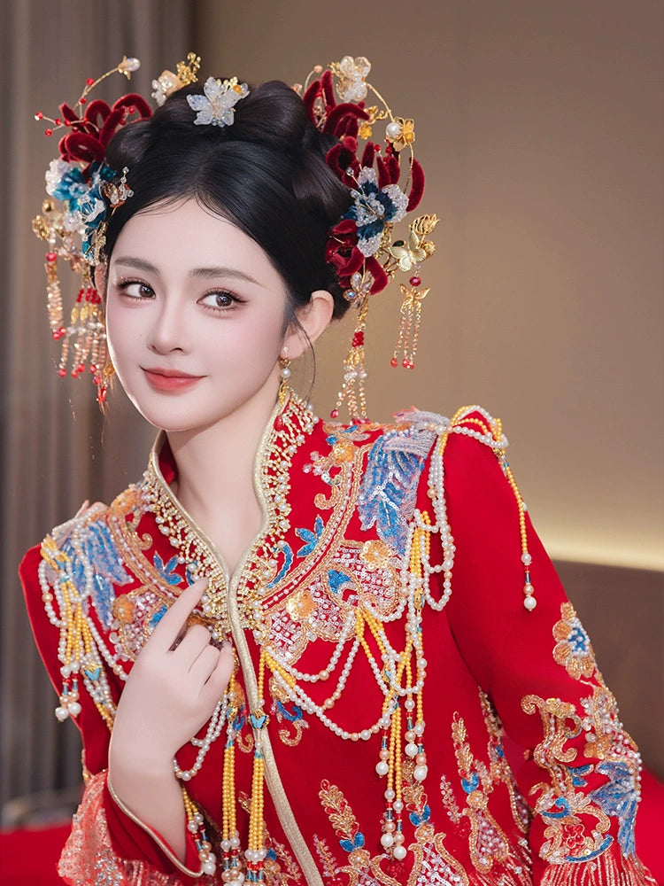 Red Velvet Bridal Hairband with Tassel Hairpin Classical Chinese Wedding Hair Accessories for Hanfu and Xiuhe Bride