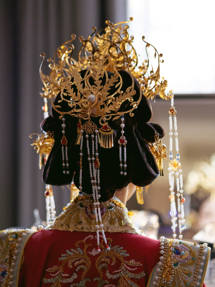 Gold Phoenix Crown Bridal Headpiece Long Tassel Chinese Wedding Hair Accessories for Hanfu Bride