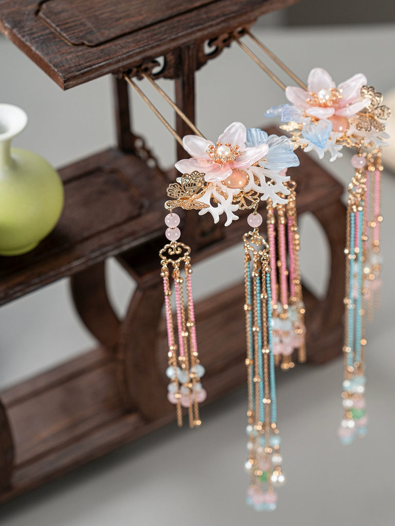 Pink & Blue Fairy Tassel Hairpin Handmade Ancient Style Hanfu & Cheongsam